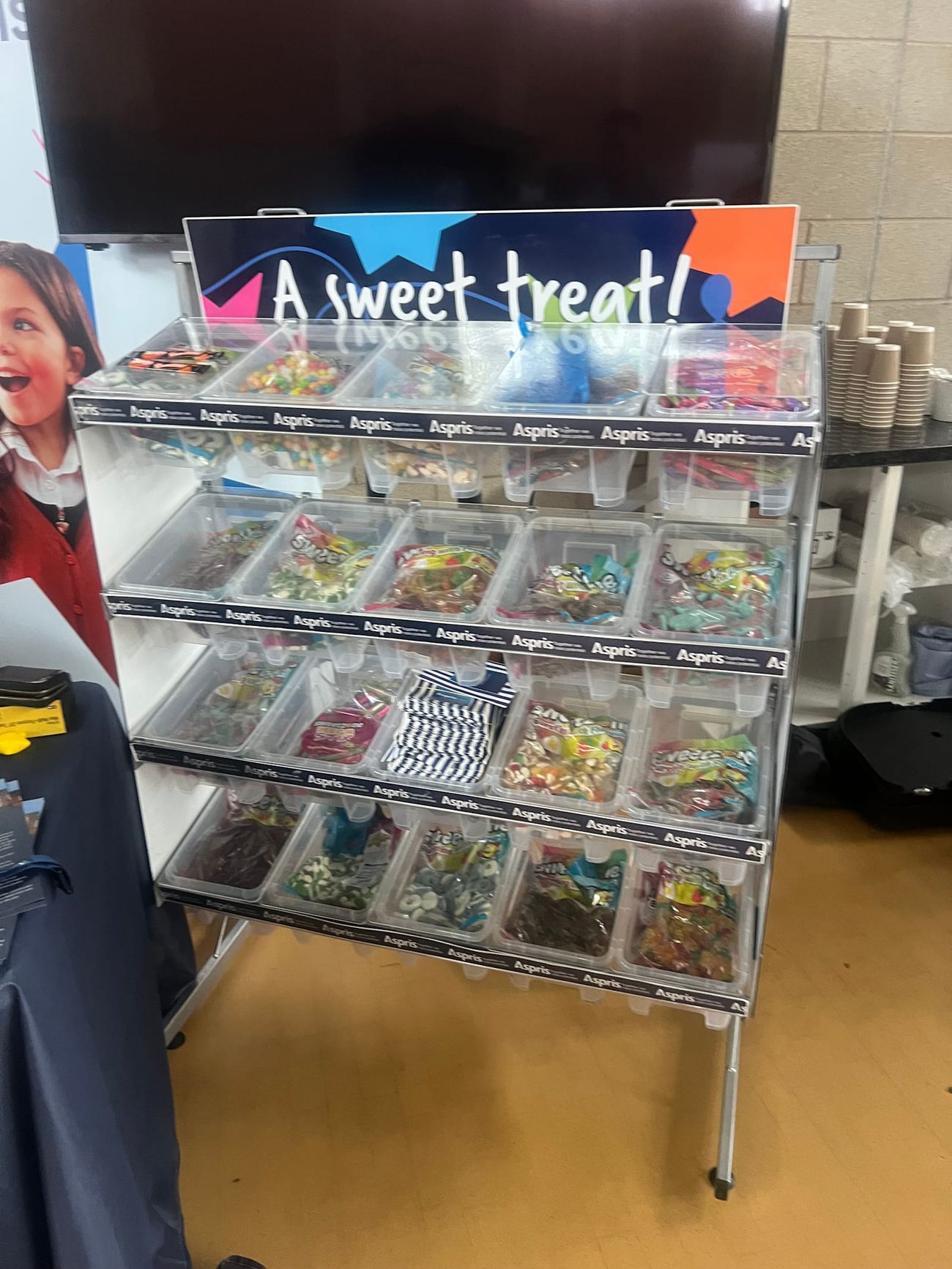 The pick 'n' mix stand with its bins full, showing the range of sweets on offer
