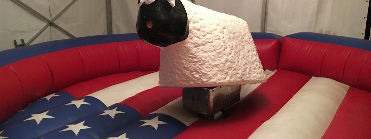 Mechanical rodeo sheep on its base, showing the white fleece body, black head and the handle riders grip