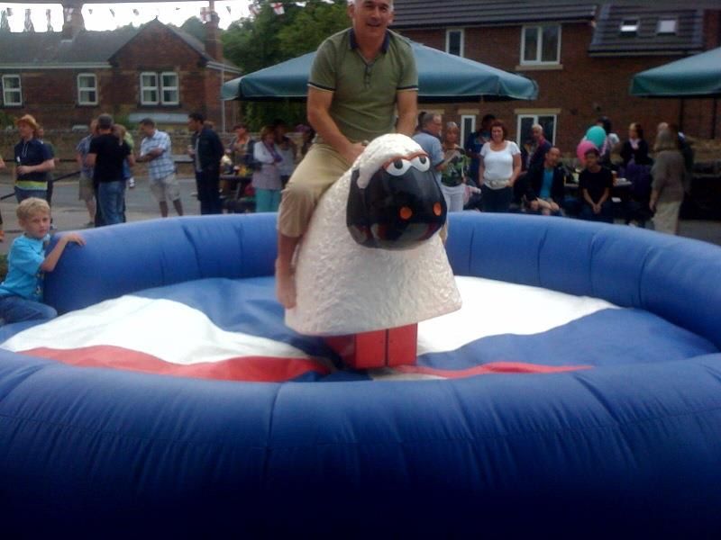 A rider smiling broadly as he rides the sheep, showing the comedy appeal